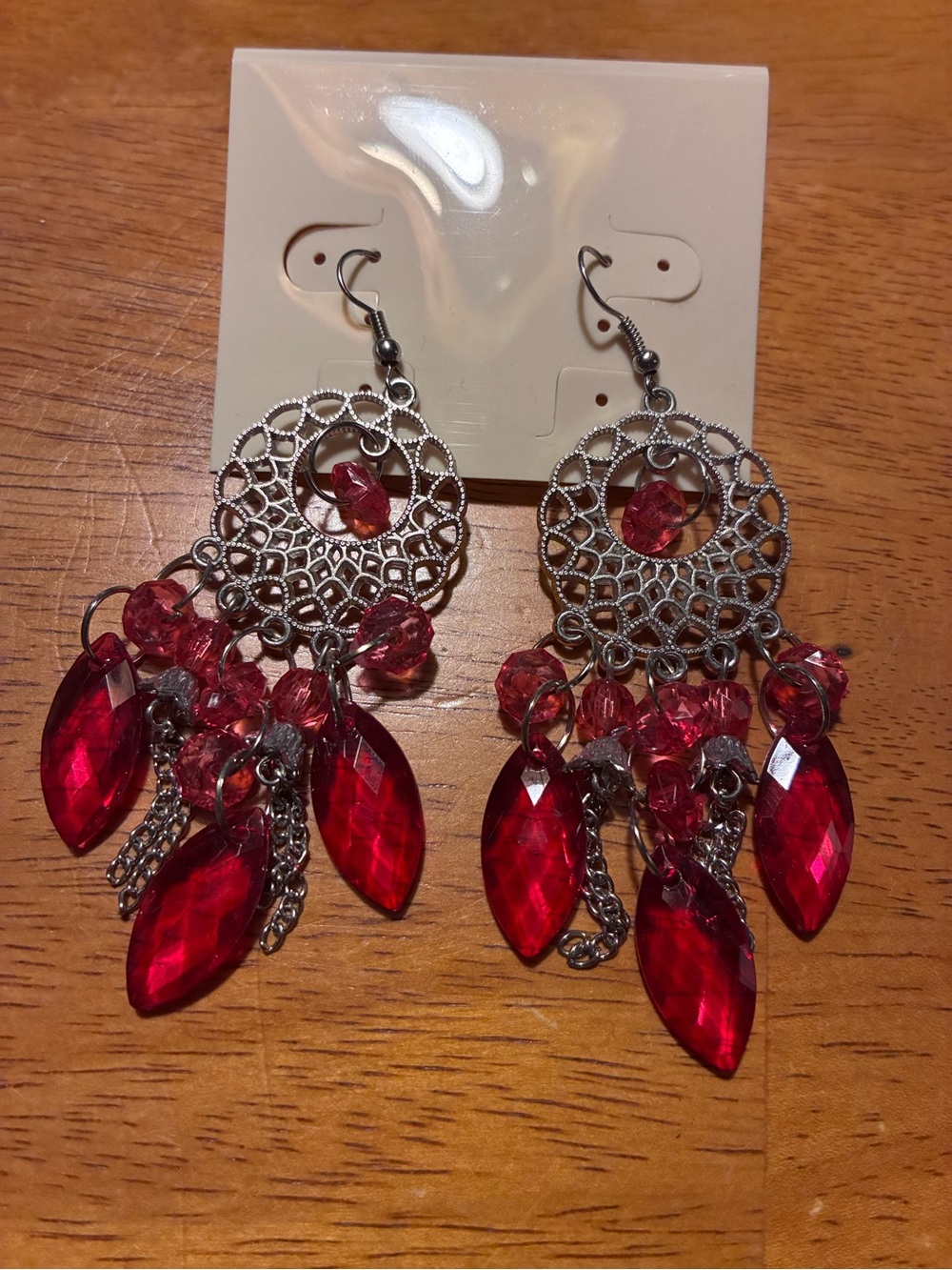 Silver-Tone Filigree Chandelier Earrings with Pink Crystal Drops